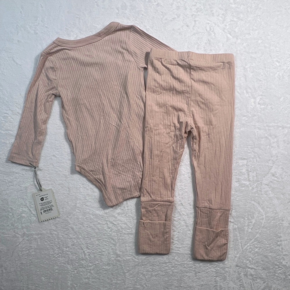 Cloud Island Kids 18M Blush Pink Ribbed Side Snap Bodysuit and Footie Pants Set - Picture 2 of 7